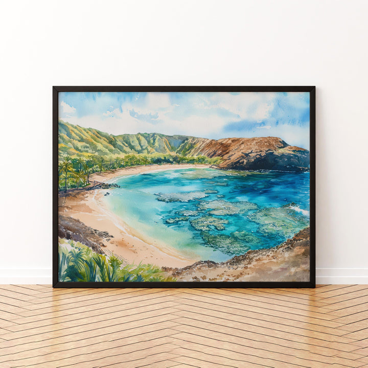 Hanauma Bay Nature Preserve Hawaii Watercolor Poster Oahu Travel Print Coastal Landscape Painting Tropical Wall Art Souvenir