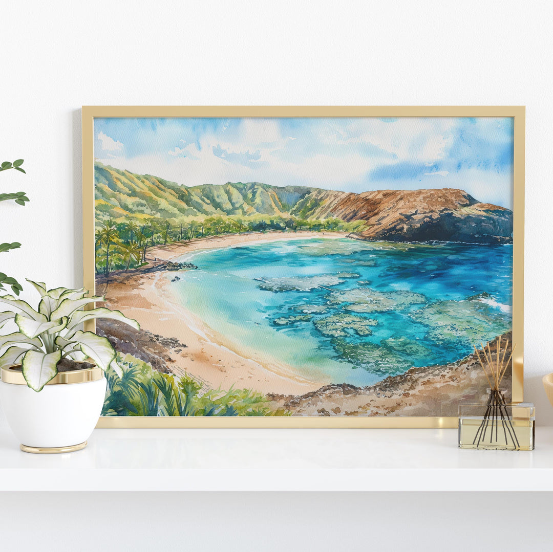 Hanauma Bay Nature Preserve Hawaii Watercolor Poster Oahu Travel Print Coastal Landscape Painting Tropical Wall Art Souvenir