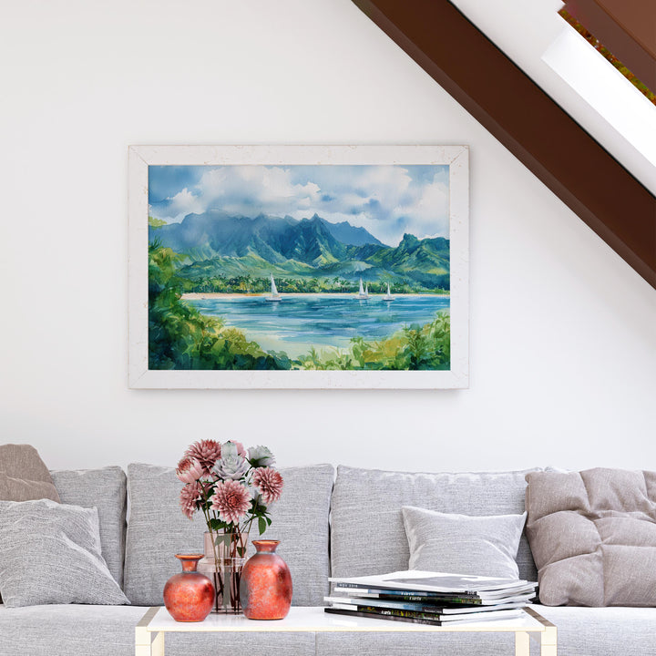 Hanalei Bay Hawaii Watercolor Poster Kauai Travel Print Coastal Landscape Painting Tropical Wall Art Island Souvenir