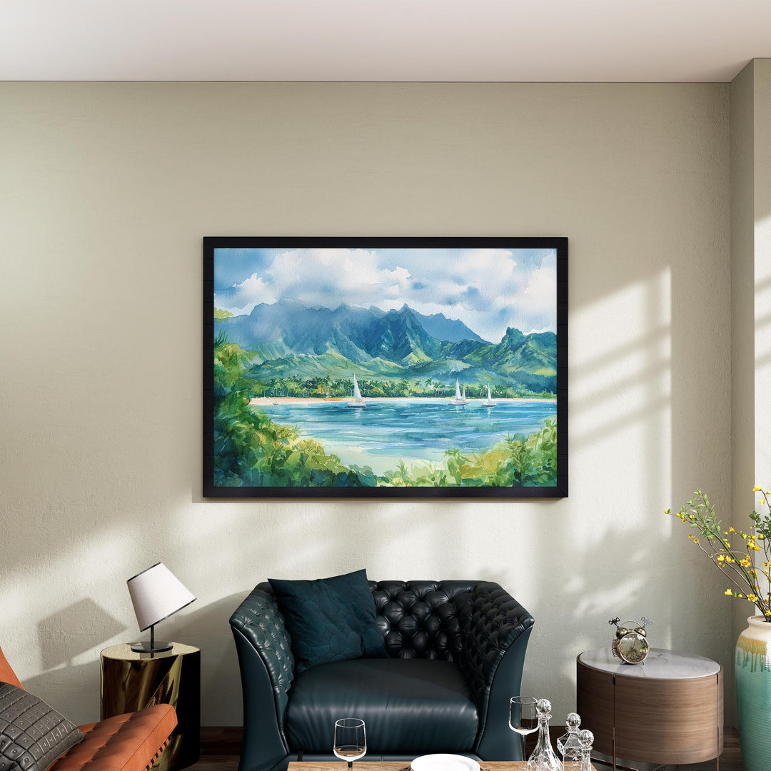 Hanalei Bay Hawaii Watercolor Poster Kauai Travel Print Coastal Landscape Painting Tropical Wall Art Island Souvenir