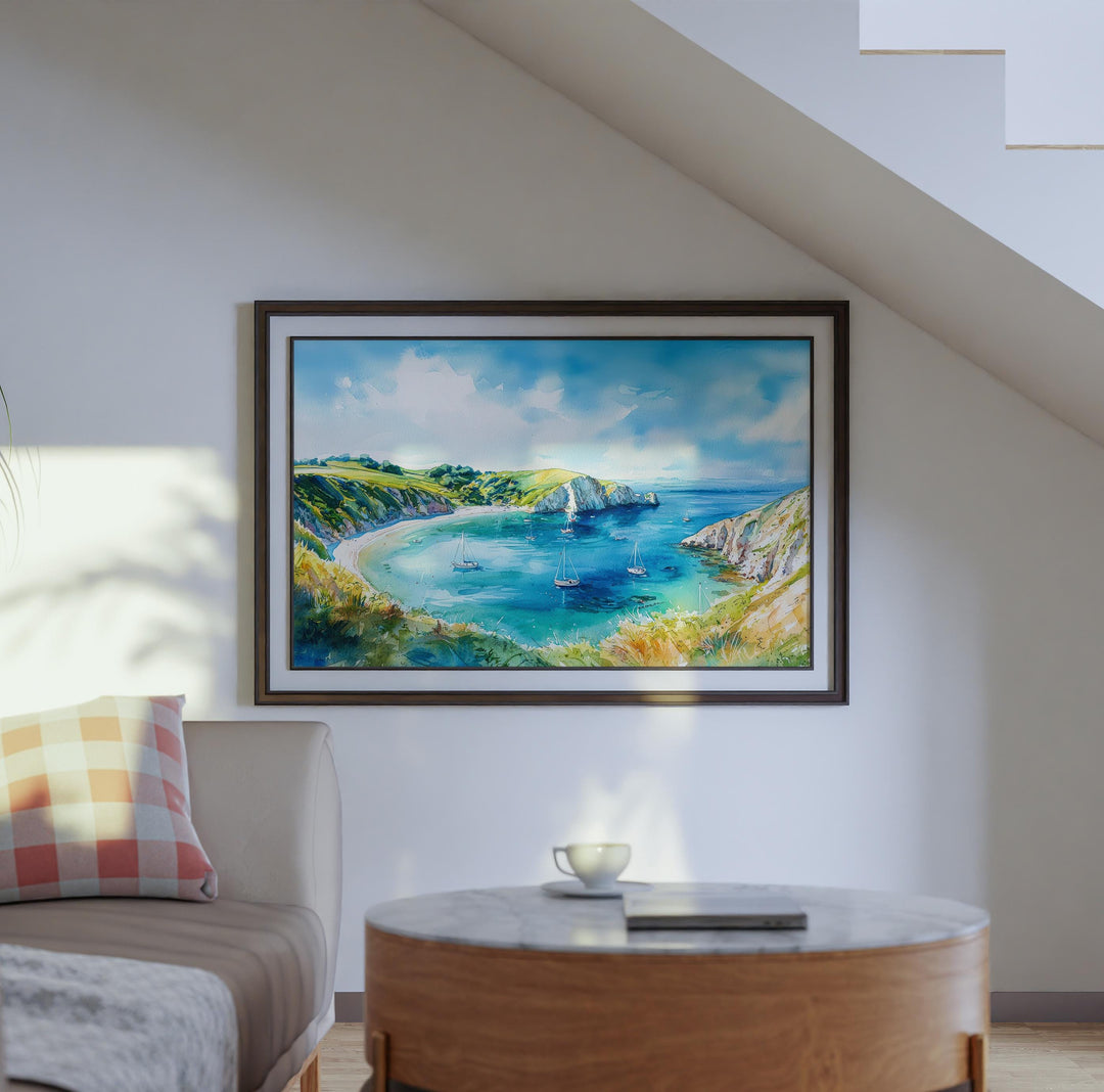 Lulworth Cove England Watercolor Poster Lulworth Cove Travel Print Dorset Coast Painting Seaside Wall Art UK Souvenir