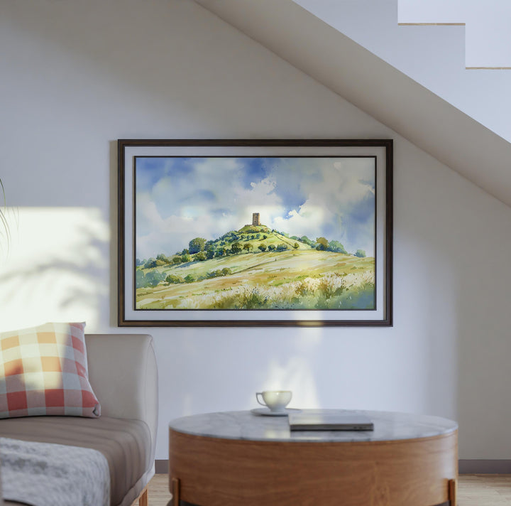 Glastonbury England Watercolor Poster Glastonbury Travel Print Somerset Town Painting Tor Hill Wall Art UK Souvenir