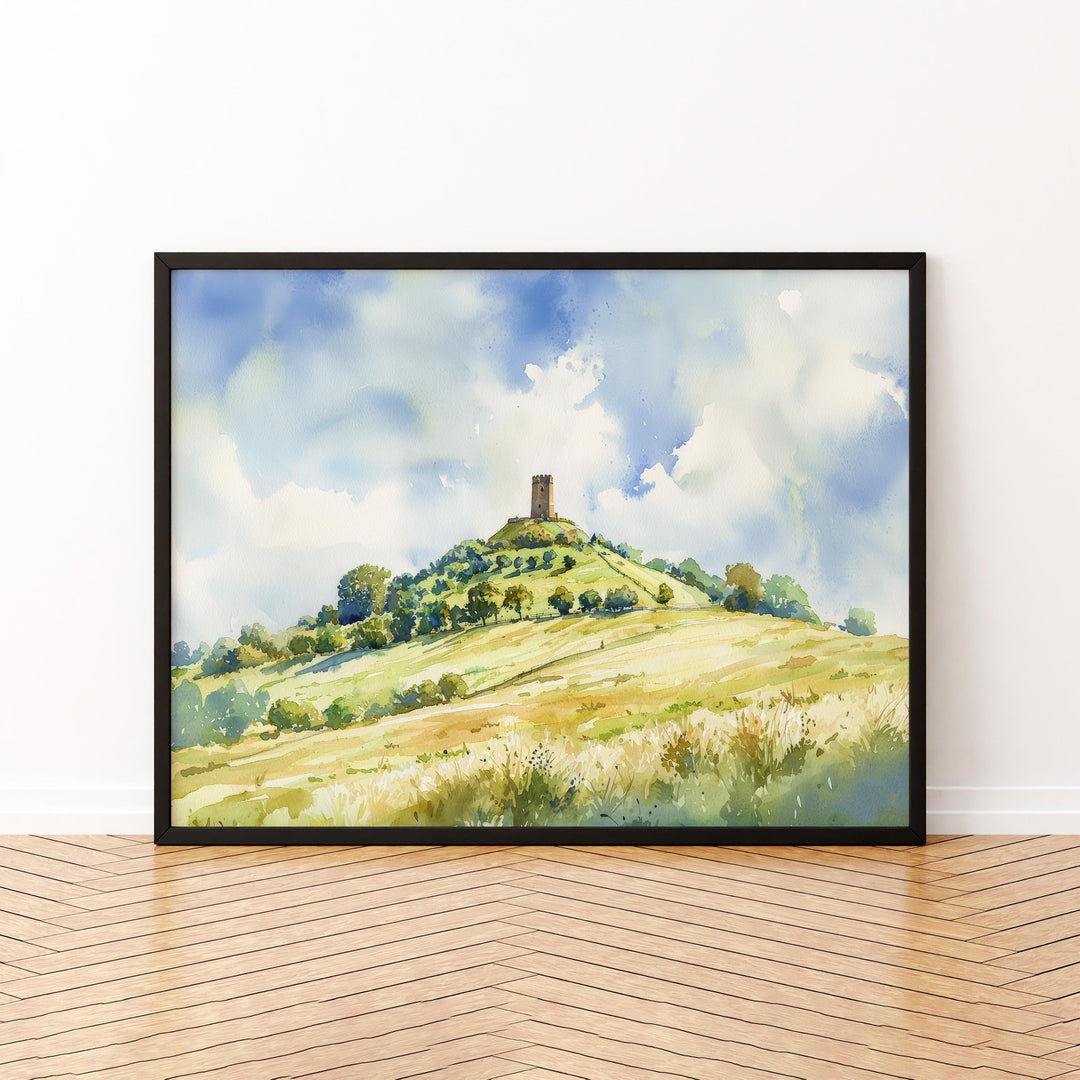 Glastonbury England Watercolor Poster Glastonbury Travel Print Somerset Town Painting Tor Hill Wall Art UK Souvenir