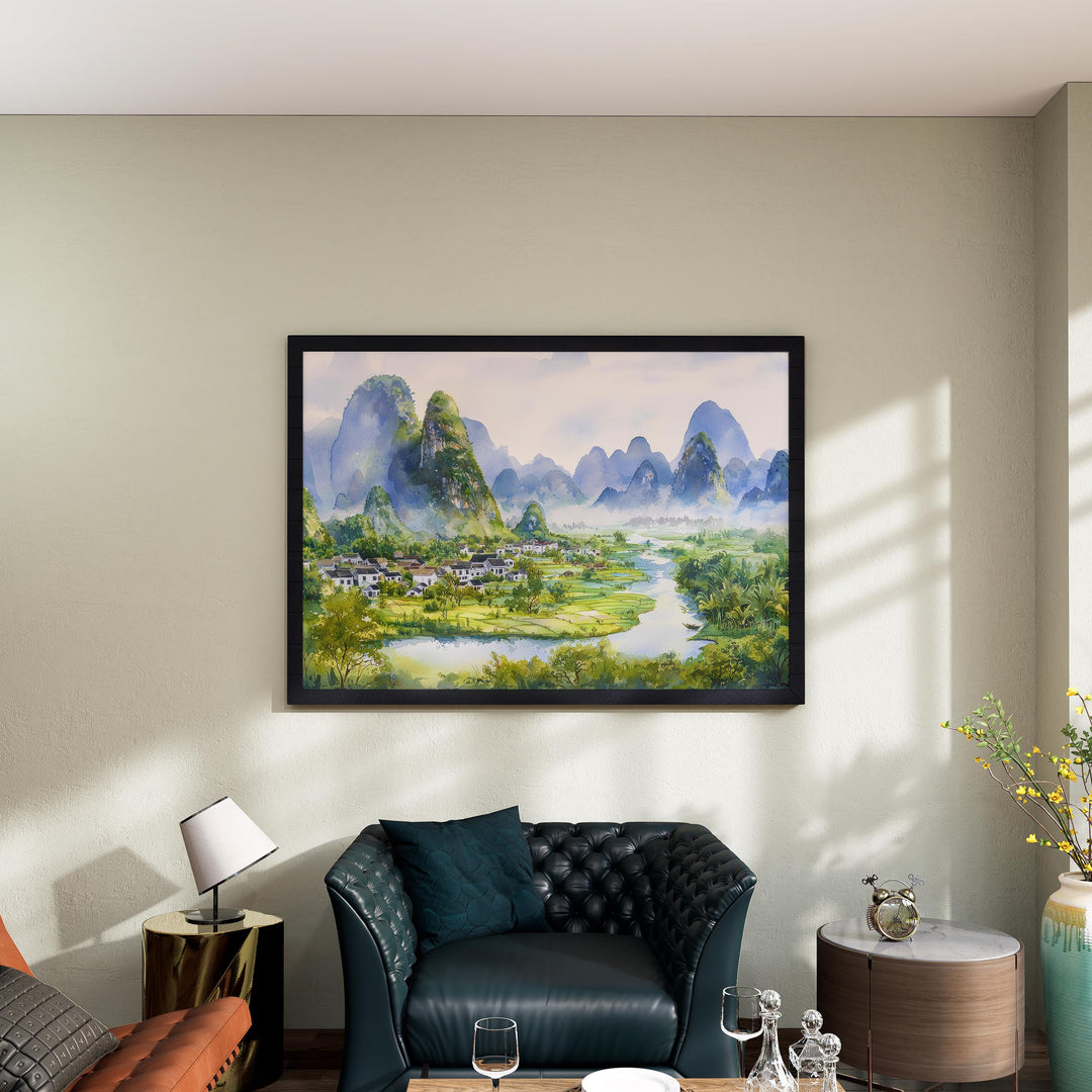 Yangshuo China Watercolor Poster Yangshuo Travel Print Karst Mountain Landscape Painting River Wall Art Souvenir