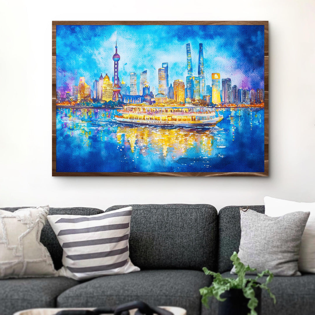Shanghai China Watercolor Poster Shanghai Travel Print City Skyline Painting Bund River Wall Art Souvenir