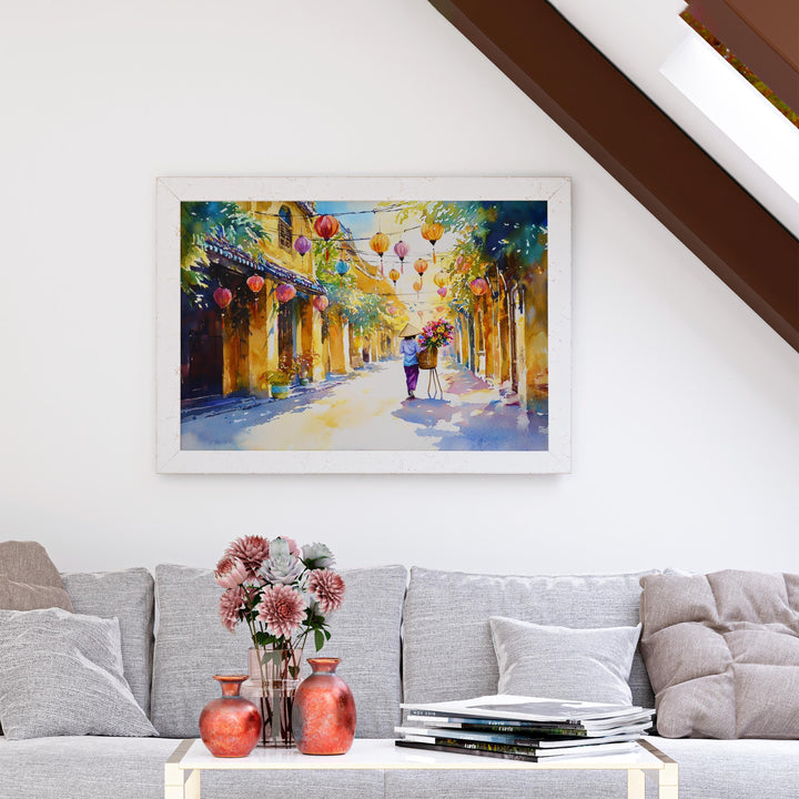 Hoi An Vietnam Watercolor Poster Hoi An Travel Print Lantern Street Painting Riverside Wall Art Asia Souvenir