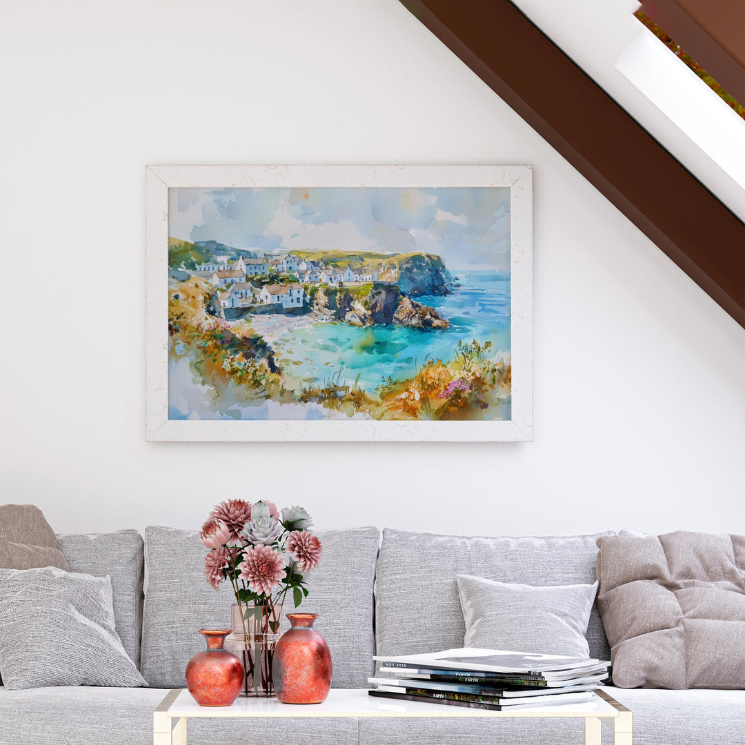 Cornwall England Watercolor Poster Cornwall Travel Print Coastal Landscape Painting Seaside Wall Art UK Souvenir