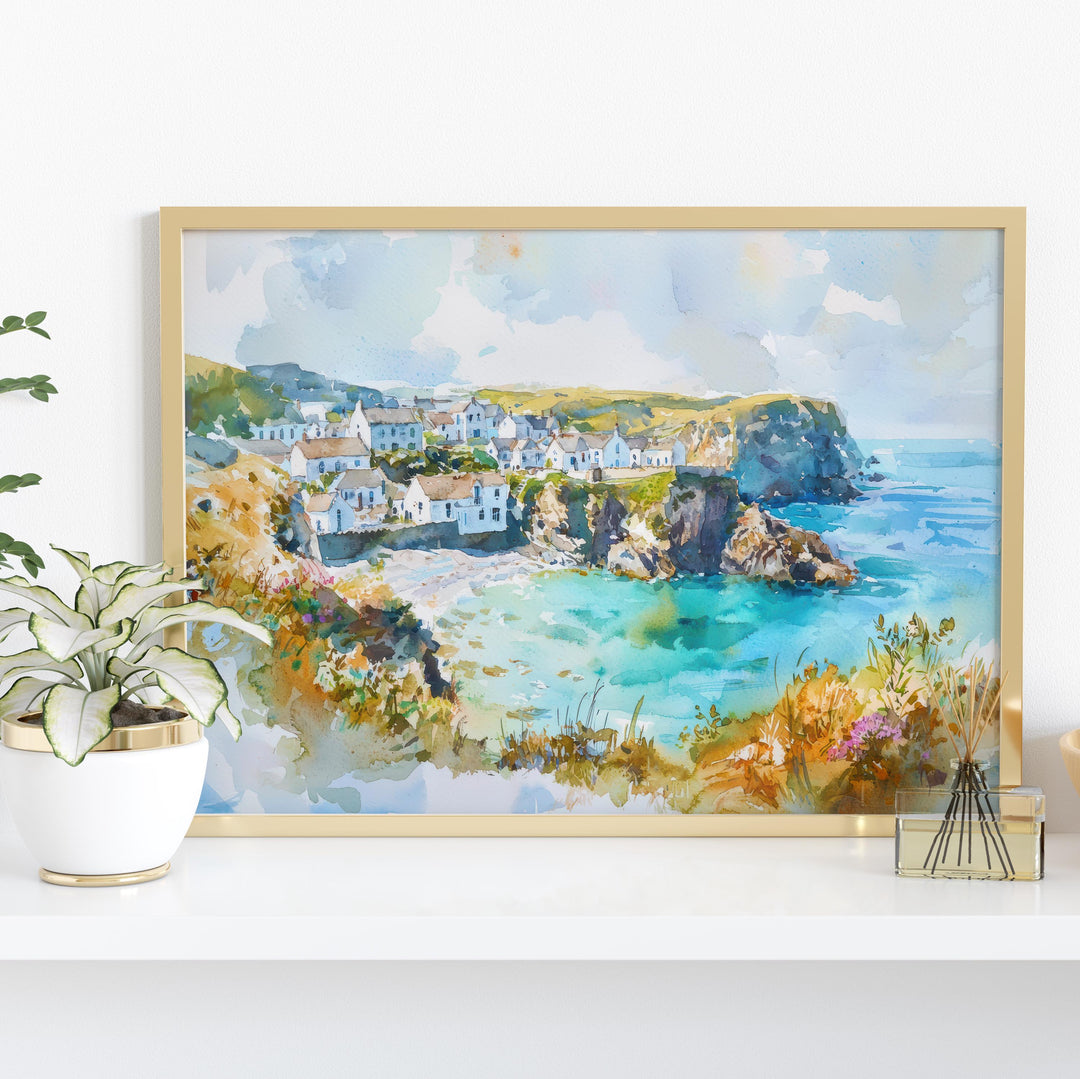 Cornwall England Watercolor Poster Cornwall Travel Print Coastal Landscape Painting Seaside Wall Art UK Souvenir