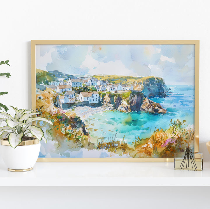 Cornwall England Watercolor Poster Cornwall Travel Print Coastal Landscape Painting Seaside Wall Art UK Souvenir