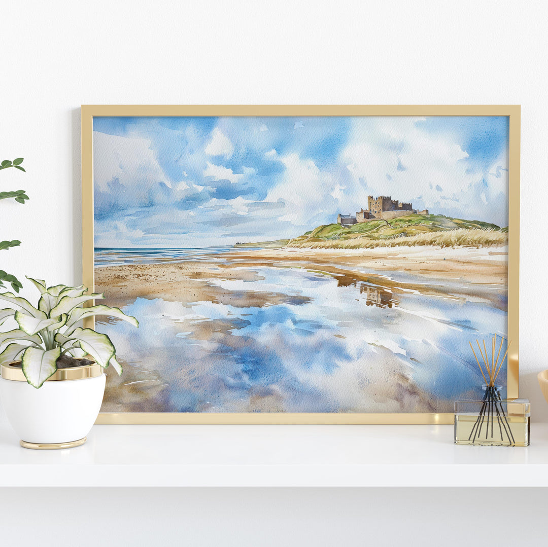 Northumberland Coast England Watercolor Poster Northumberland Travel Print Coastal Landscape Painting Wall Art UK Souvenir
