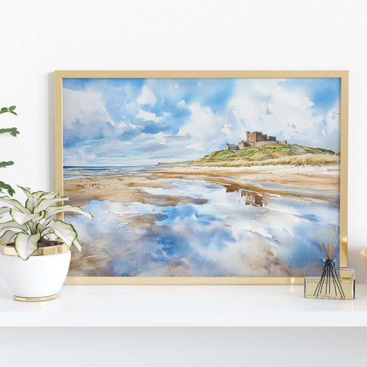Northumberland Coast England Watercolor Poster Northumberland Travel Print Coastal Landscape Painting Wall Art UK Souvenir