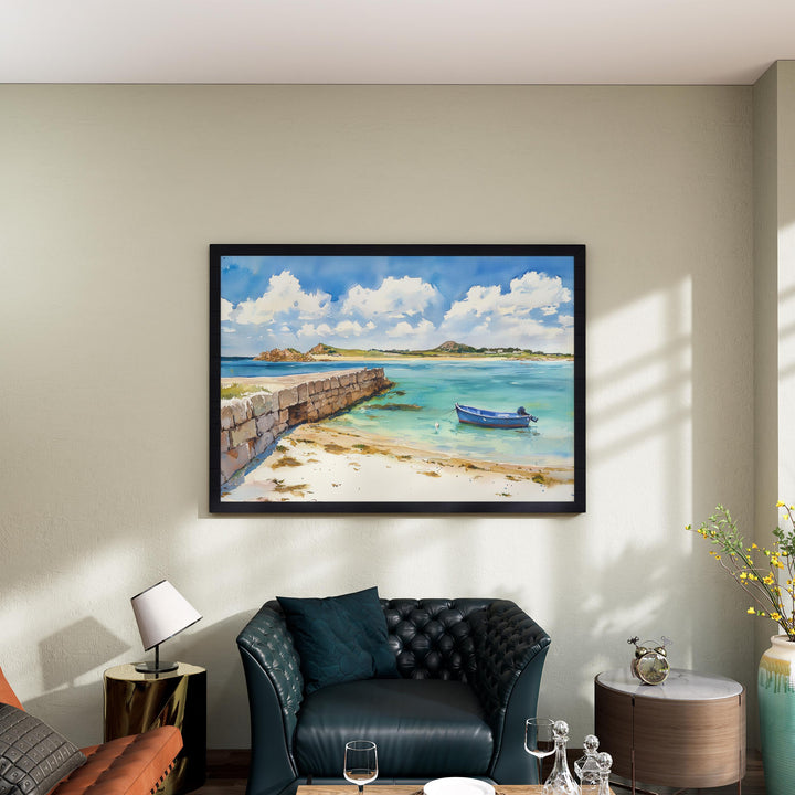 Isles of Scilly England Watercolor Poster Isles of Scilly Travel Print Coastal Island Painting Beach Wall Art UK Souvenir