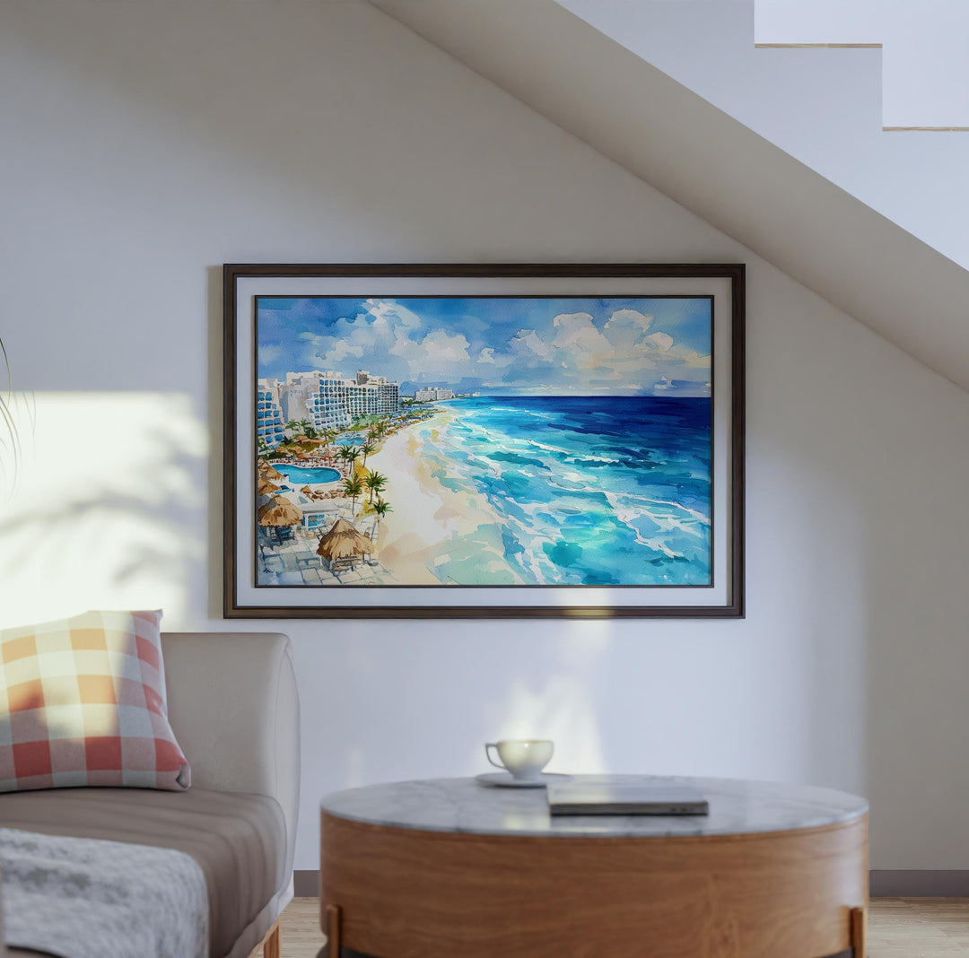 Cancún Mexico Watercolor Poster Cancún Travel Print Beach Landscape Painting Coastal Wall Art Caribbean Souvenir