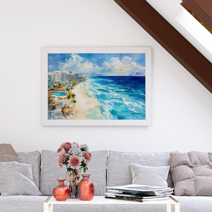 Cancún Mexico Watercolor Poster Cancún Travel Print Beach Landscape Painting Coastal Wall Art Caribbean Souvenir