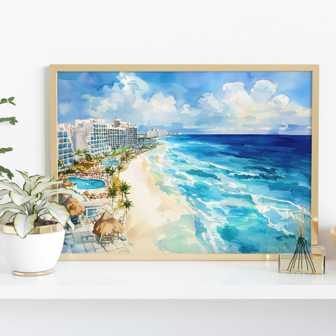 Cancún Mexico Watercolor Poster Cancún Travel Print Beach Landscape Painting Coastal Wall Art Caribbean Souvenir