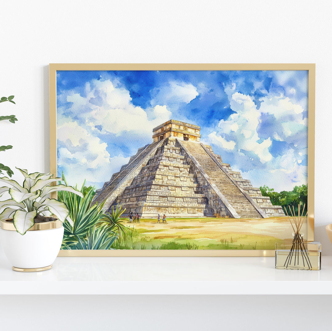 Chichén Itzá Mexico Watercolor Poster Chichén Itzá Travel Print Mayan Pyramid Painting Wall Art Yucatán Souvenir
