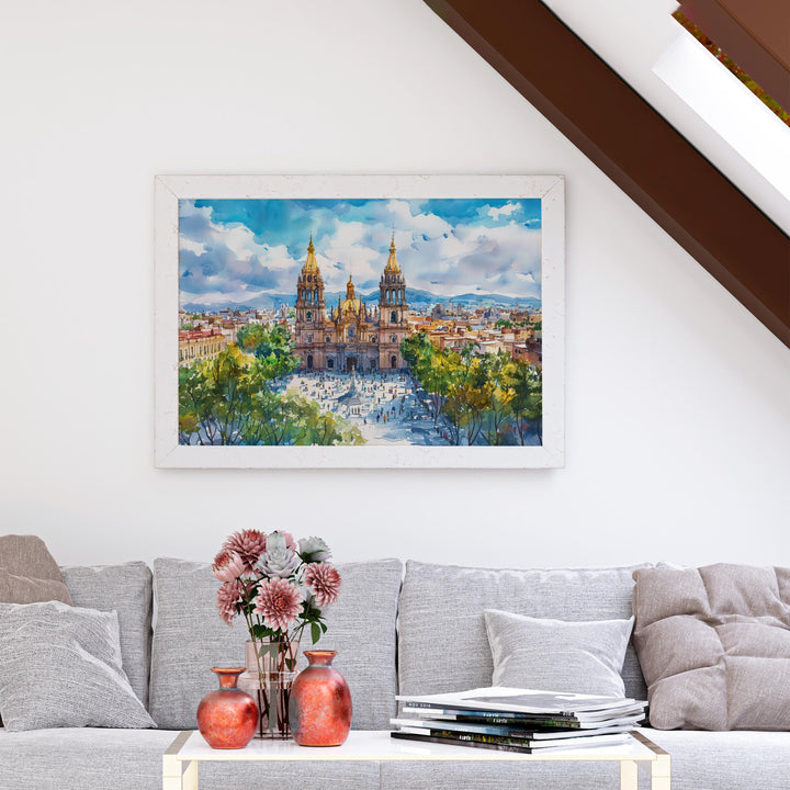 Guadalajara Mexico Watercolor Poster Guadalajara Travel Print Cityscape Painting Cathedral Wall Art Latin America Souvenir