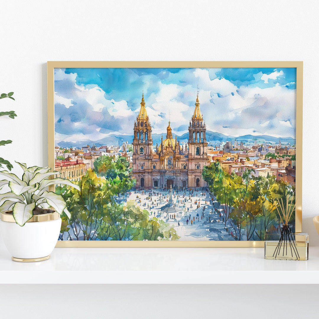 Guadalajara Mexico Watercolor Poster Guadalajara Travel Print Cityscape Painting Cathedral Wall Art Latin America Souvenir