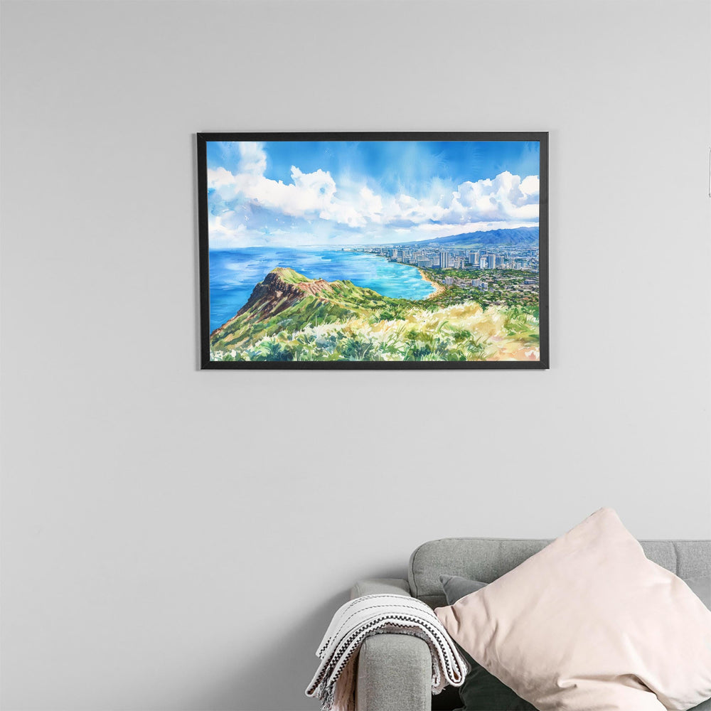 Diamond Head State Monument Hawaii Watercolor Poster Oahu Travel Print Coastal Landscape Painting Tropical Wall Art Souvenir
