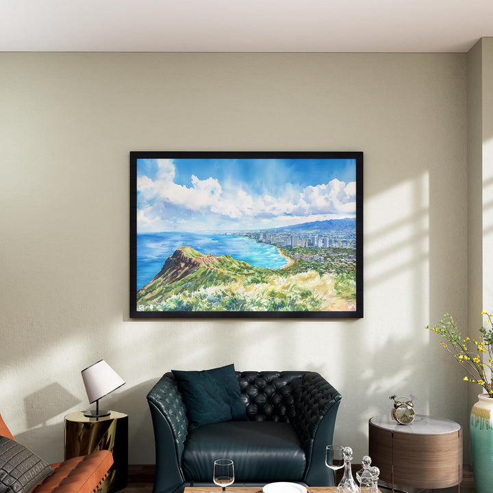 Diamond Head State Monument Hawaii Watercolor Poster Oahu Travel Print Coastal Landscape Painting Tropical Wall Art Souvenir