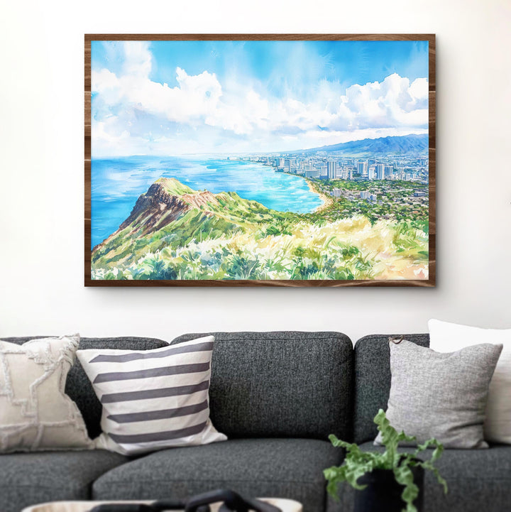 Diamond Head State Monument Hawaii Watercolor Poster Oahu Travel Print Coastal Landscape Painting Tropical Wall Art Souvenir