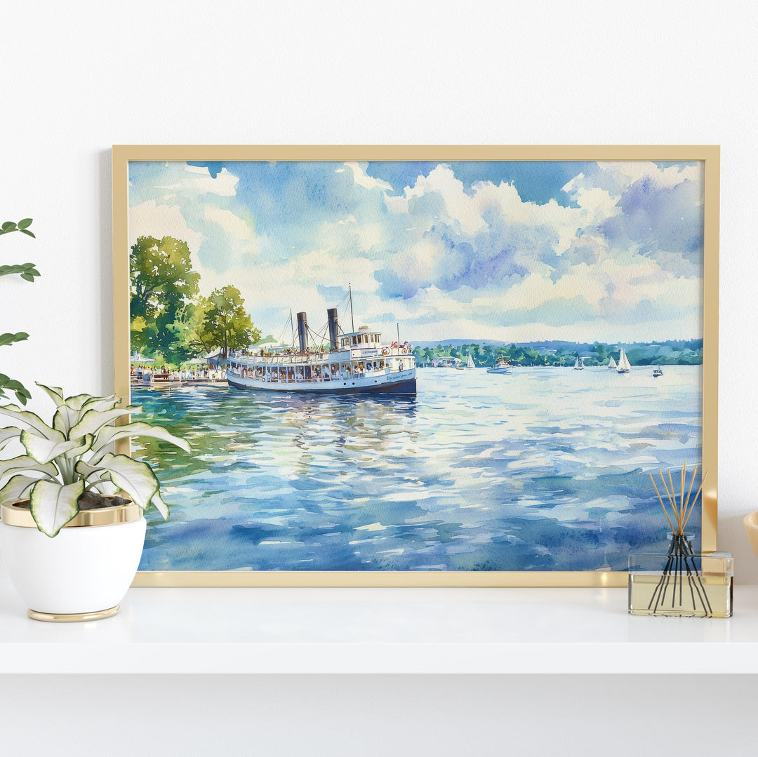 Chautauqua Lake New York Watercolor Poster Chautauqua Travel Print Lake Landscape Painting Wall Art Upstate Souvenir