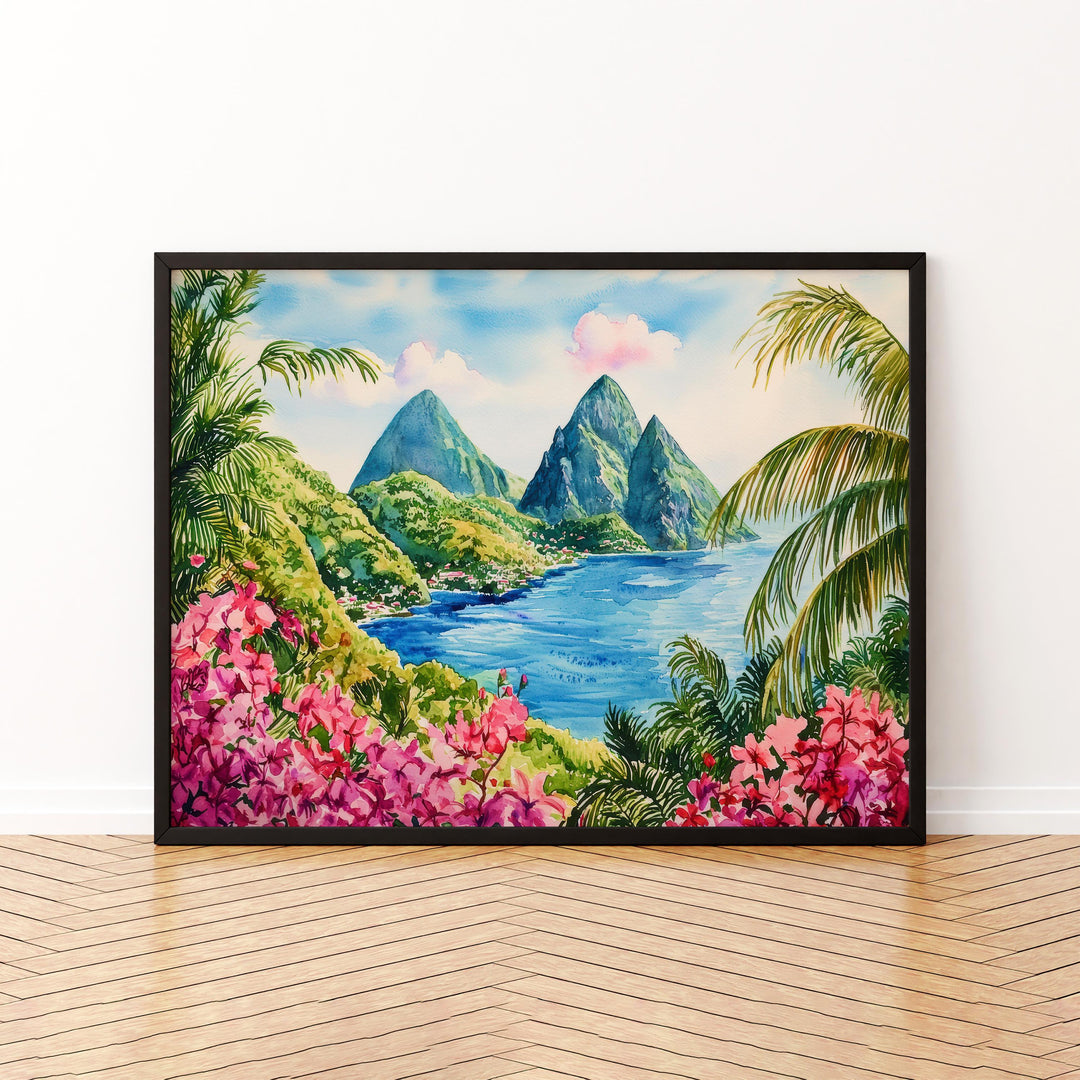 Saint Lucia Watercolor Poster Caribbean Travel Print Island Landscape Painting Coastal Wall Art Tropical Souvenir