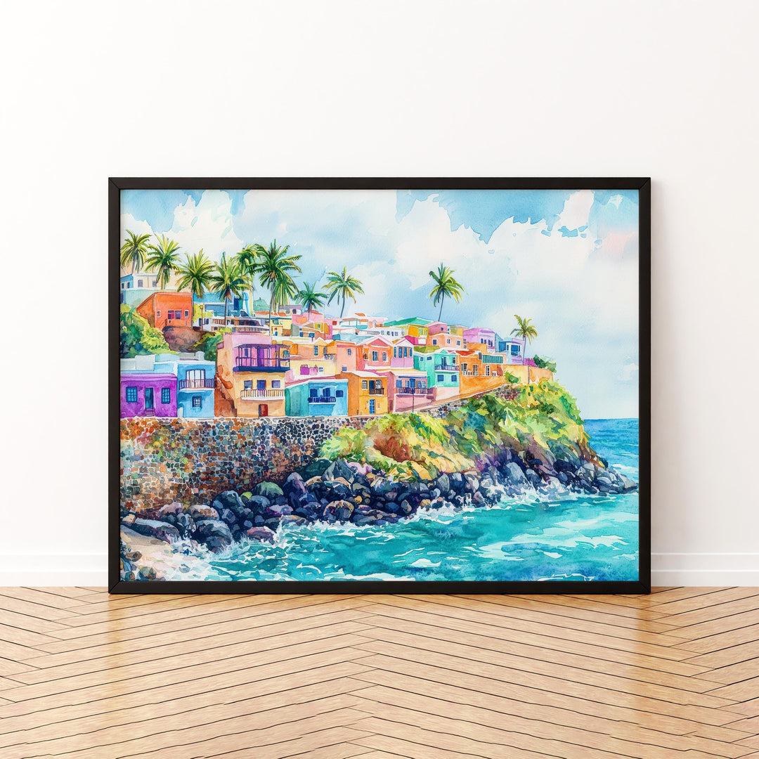 Puerto Rico Watercolor Poster Caribbean Travel Print Island Landscape Painting Coastal Wall Art Latin America Souvenir