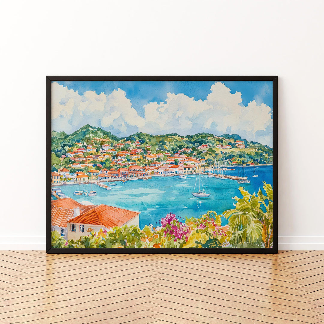 Grenada Watercolor Poster Caribbean Travel Print Island Landscape Painting Coastal Wall Art Tropical Souvenir