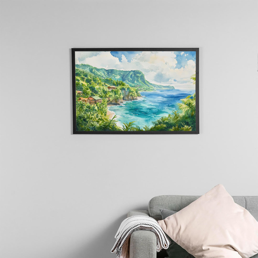 Dominica Watercolor Poster Caribbean Travel Print Island Landscape Painting Coastal Wall Art Tropical Souvenir
