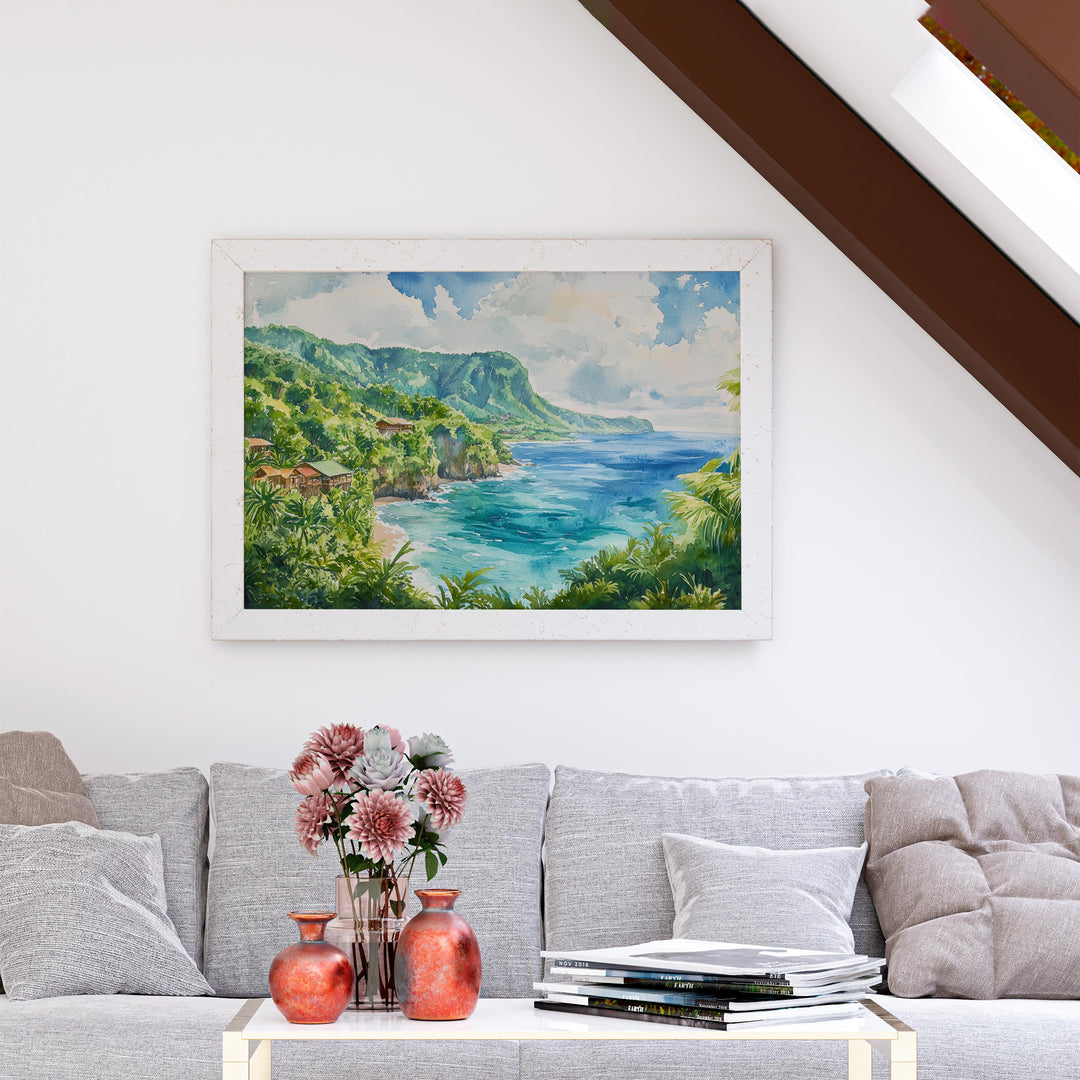 Dominica Watercolor Poster Caribbean Travel Print Island Landscape Painting Coastal Wall Art Tropical Souvenir
