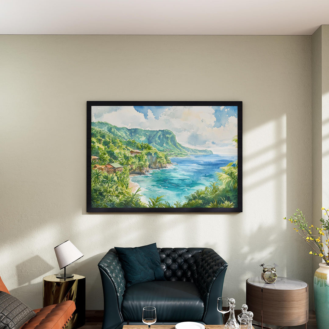 Dominica Watercolor Poster Caribbean Travel Print Island Landscape Painting Coastal Wall Art Tropical Souvenir