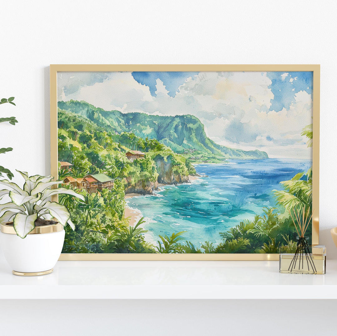 Dominica Watercolor Poster Caribbean Travel Print Island Landscape Painting Coastal Wall Art Tropical Souvenir