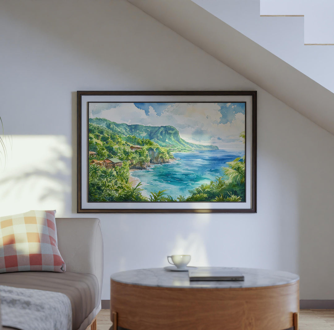 Dominica Watercolor Poster Caribbean Travel Print Island Landscape Painting Coastal Wall Art Tropical Souvenir