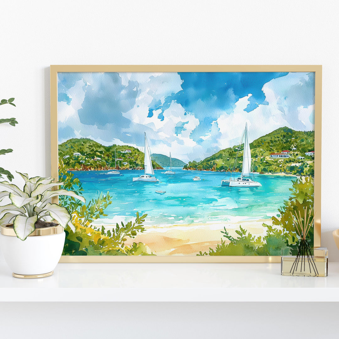 British Virgin Islands Watercolor Poster Caribbean Travel Print Beach Landscape Painting Coastal Wall Art Island Souvenir