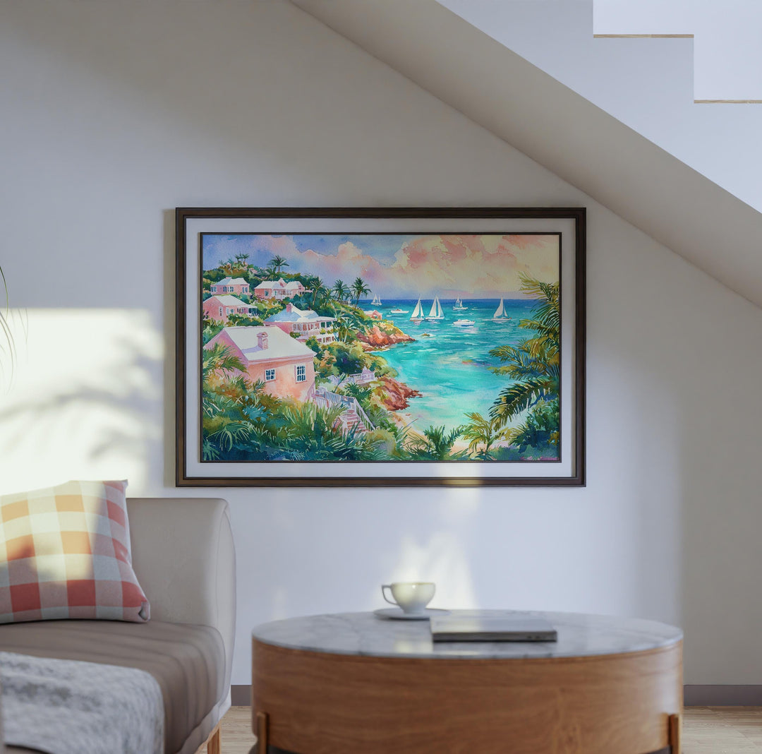 Bermuda Watercolor Poster Atlantic Travel Print Beach Landscape Painting Coastal Wall Art Island Souvenir