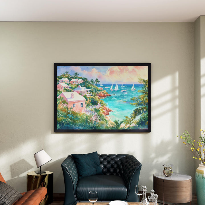Bermuda Watercolor Poster Atlantic Travel Print Beach Landscape Painting Coastal Wall Art Island Souvenir