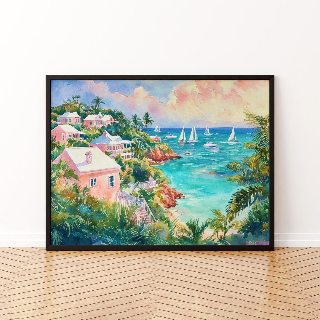 Bermuda Watercolor Poster Atlantic Travel Print Beach Landscape Painting Coastal Wall Art Island Souvenir