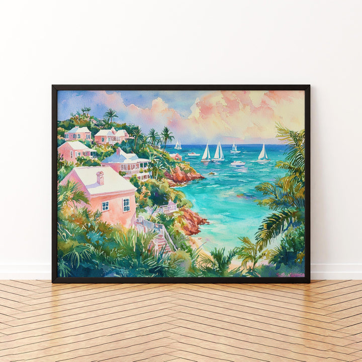 Bermuda Watercolor Poster Atlantic Travel Print Beach Landscape Painting Coastal Wall Art Island Souvenir