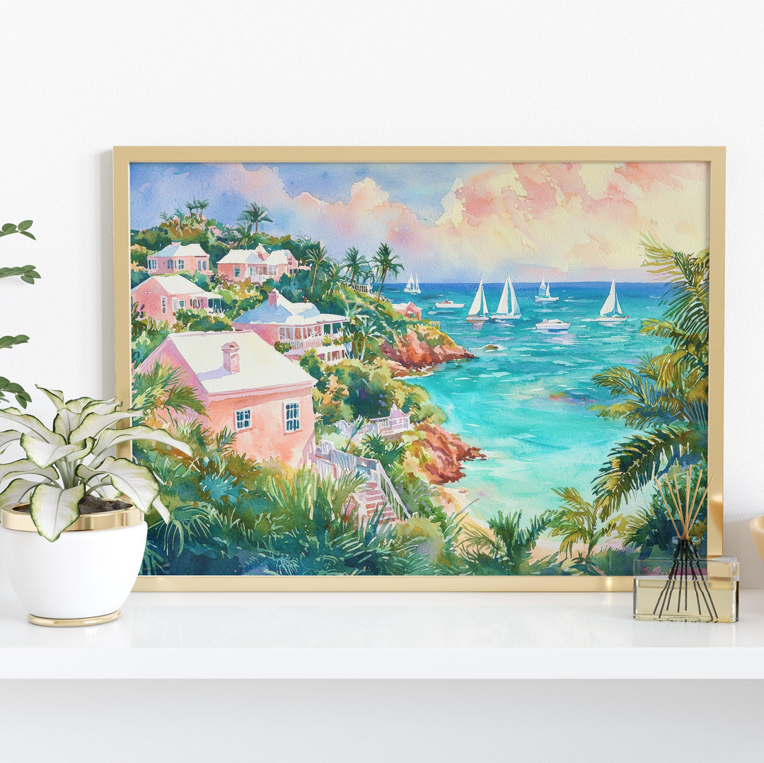 Bermuda Watercolor Poster Atlantic Travel Print Beach Landscape Painting Coastal Wall Art Island Souvenir