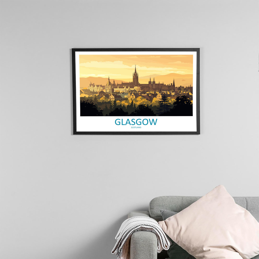 Glasgow Scotland Landscape Travel Poster Scenic City Wall Art UK Architecture Print European Decor Modern Glasgow Cityscape Artwork