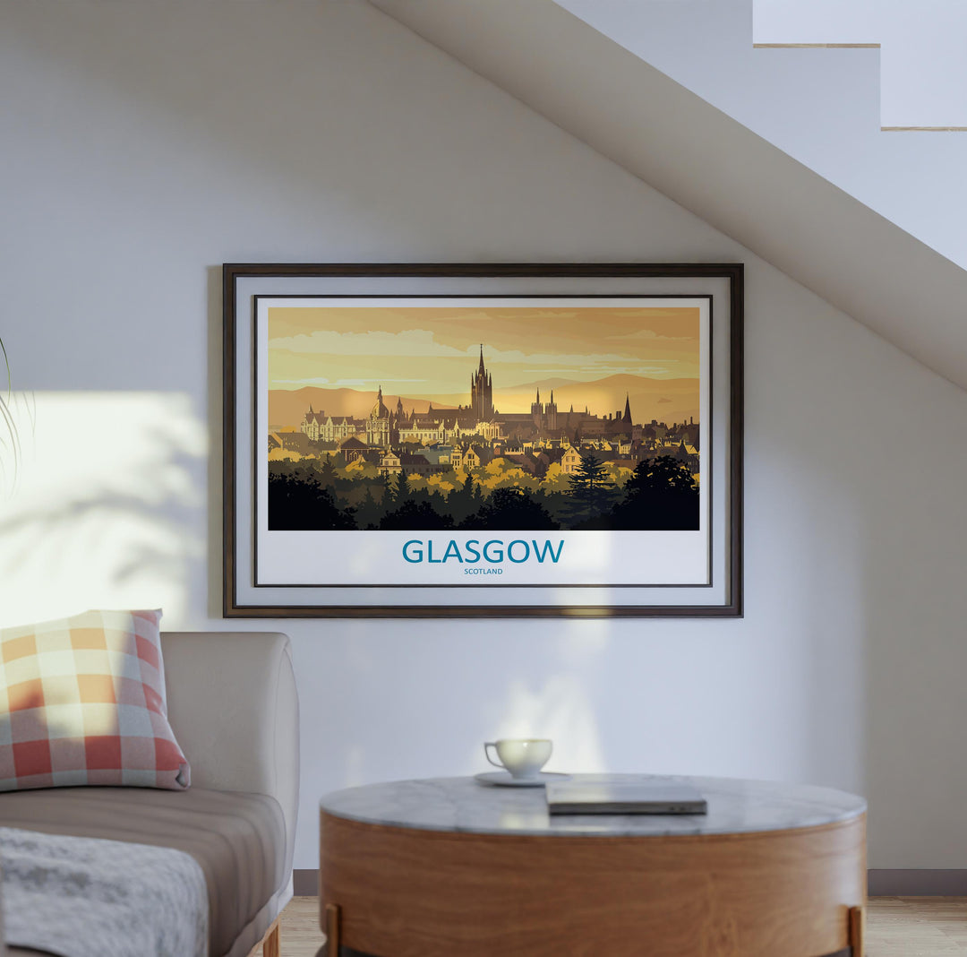 Glasgow Scotland Landscape Travel Poster Scenic City Wall Art UK Architecture Print European Decor Modern Glasgow Cityscape Artwork