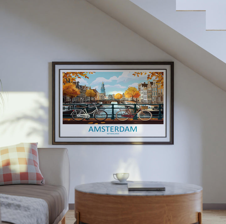 Amsterdam Netherlands Landscape Travel Poster Scenic Canal City Wall Art Dutch Architecture Print Europe Decor Romantic Amsterdam Artwork