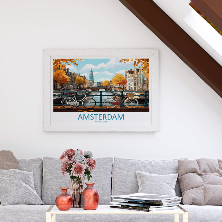 Amsterdam Netherlands Landscape Travel Poster Scenic Canal City Wall Art Dutch Architecture Print Europe Decor Romantic Amsterdam Artwork