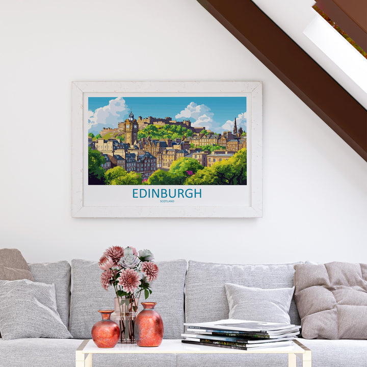 Edinburgh Scotland Landscape Travel Poster Scenic City Wall Art Historic Architecture Print UK Decor Edinburgh Castle Cityscape Artwork