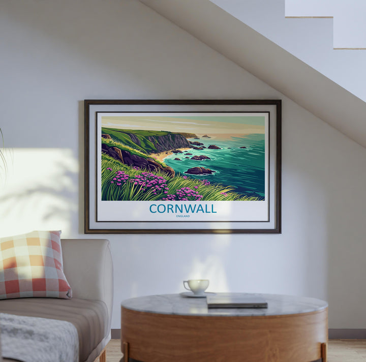 Cornwall England Landscape Travel Poster Scenic Coastline Wall Art UK Seaside Print British Beach Decor Coastal Cornwall Artwork