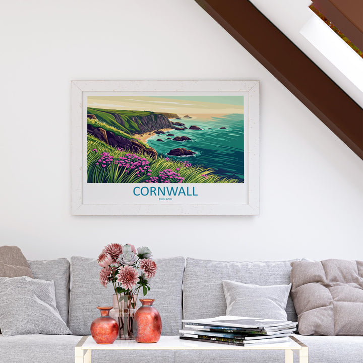 Cornwall England Landscape Travel Poster Scenic Coastline Wall Art UK Seaside Print British Beach Decor Coastal Cornwall Artwork