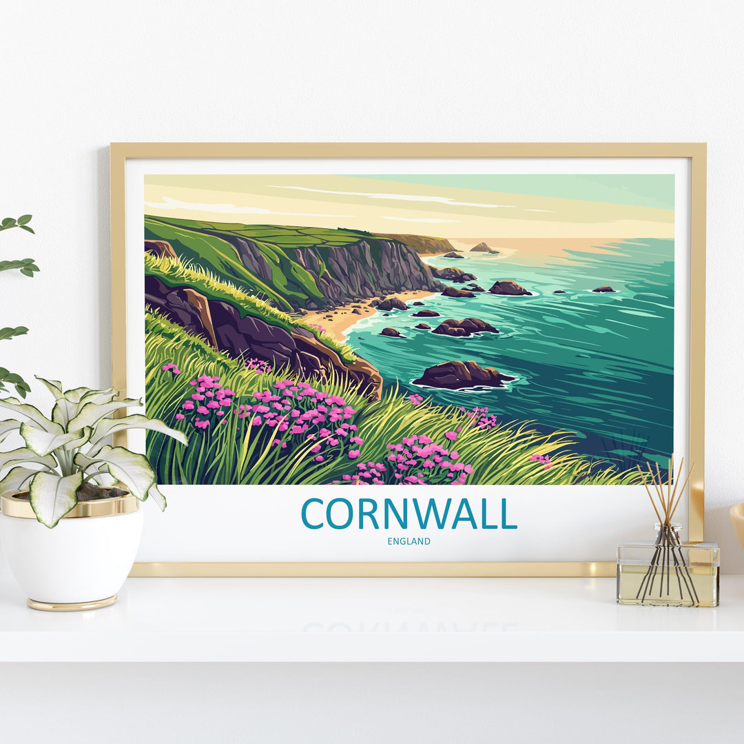 Cornwall England Landscape Travel Poster Scenic Coastline Wall Art UK Seaside Print British Beach Decor Coastal Cornwall Artwork