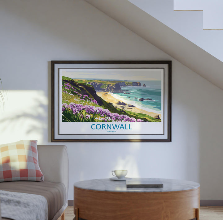 Cornwall England Landscape Travel Poster Scenic Coastline Wall Art UK Seaside Print British Beach Decor Coastal Cornwall Artwork