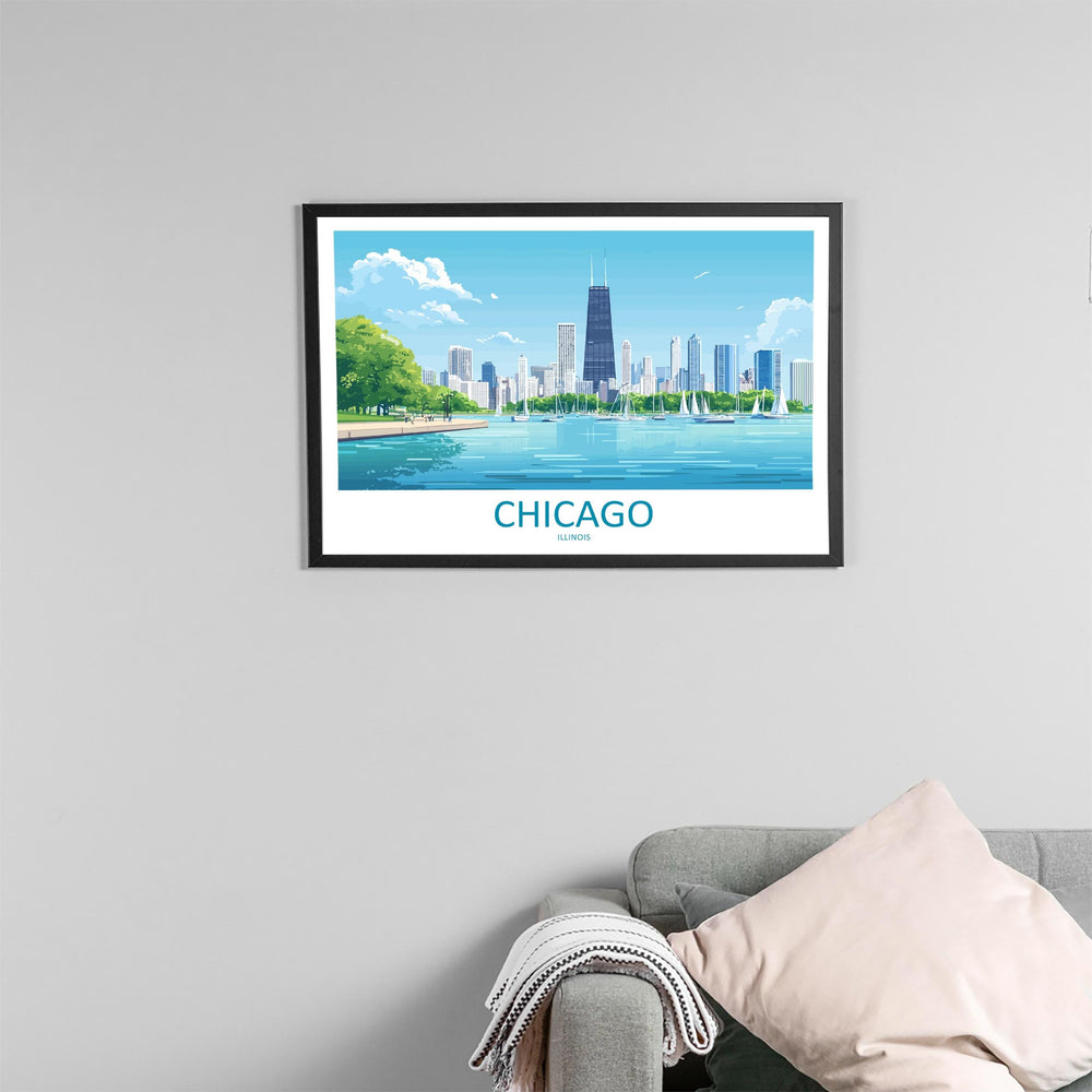 Chicago Illinois Landscape Travel Poster Scenic City Skyline Wall Art Modern Architecture Print USA Decor Chicago Urban Artwork